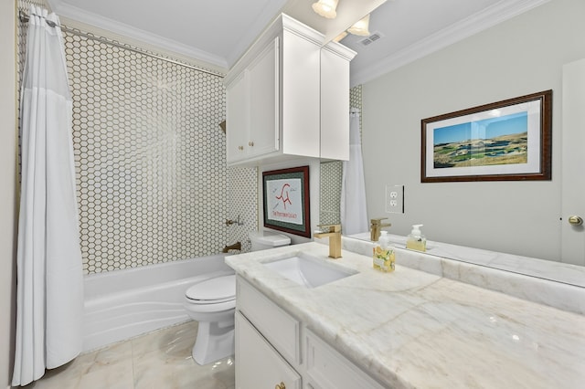 full bathroom featuring vanity, crown molding, shower / bath combo, and toilet