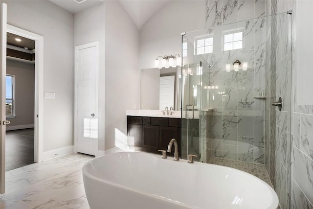 5801 Davenport Divide Rd, Austin, TX 78738 - full bath with a freestanding tub, vanity, a marble finish shower, and marble finish floors