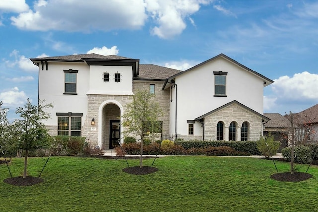 5801 Davenport Divide Rd, Austin, TX 78738 - french country style house featuring stone siding, stucco siding, and a front lawn