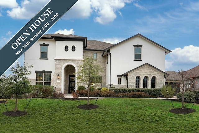 5801 Davenport Divide Rd, Austin, TX 78738 - french country inspired facade featuring stone siding, a front yard, and stucco siding