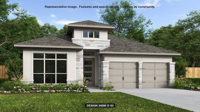 128 La Venta Loop, Liberty Hill, TX 78642 - prairie-style house featuring stone siding, driveway, stucco siding, an attached garage, and roof with shingles