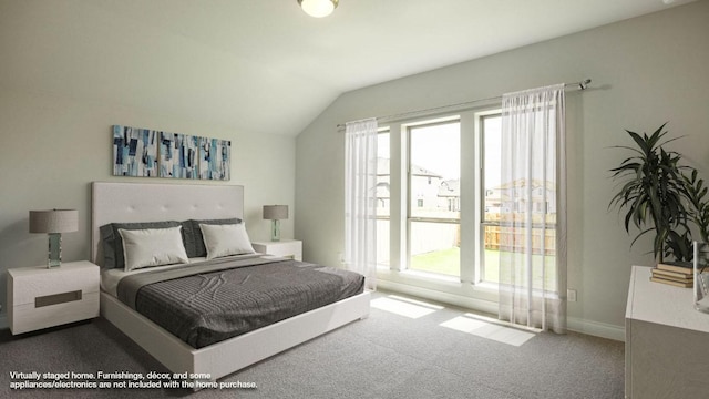 128 La Venta Loop, Liberty Hill, TX 78642 - carpeted bedroom featuring vaulted ceiling and baseboards