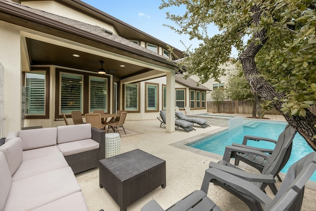 view of pool featuring outdoor lounge area, ceiling fan, and a patio area