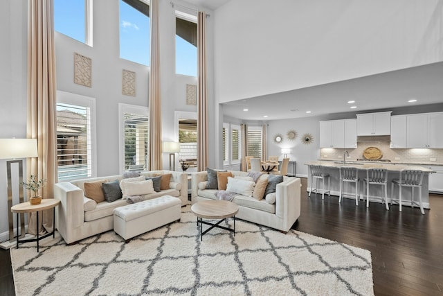 living room featuring sink, a towering ceiling, and dark wood-type flooring