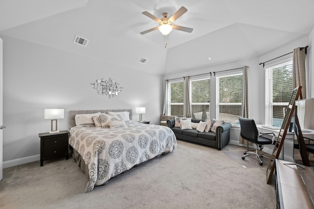 carpeted bedroom featuring lofted ceiling and ceiling fan