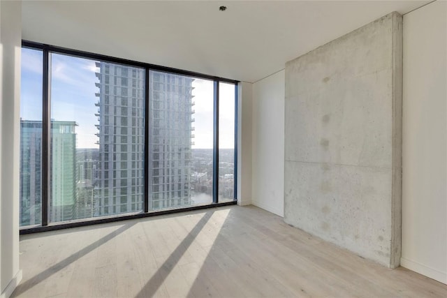 spare room with floor to ceiling windows, a wealth of natural light, and light hardwood / wood-style flooring