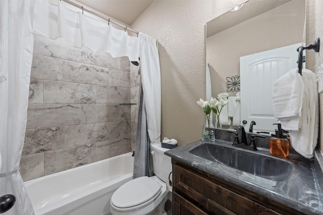 full bathroom with toilet, vanity, and shower / bathtub combination with curtain