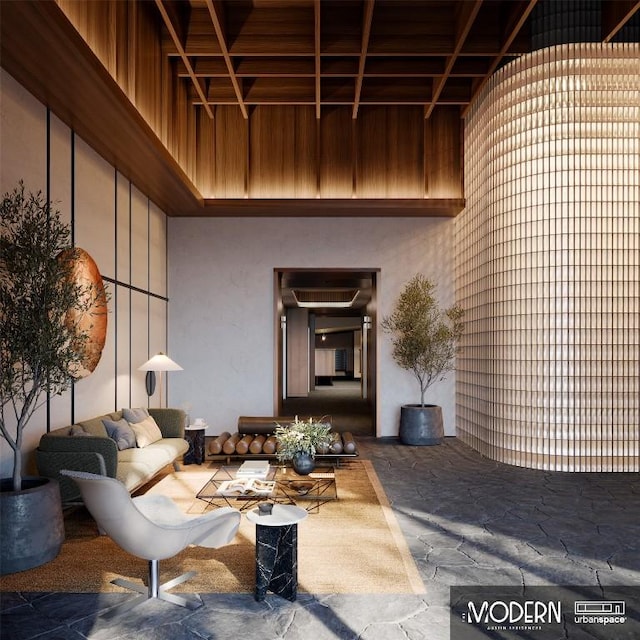 610 Davis St Unit 3105, Austin, TX 78701 - building lobby with a wood ceiling with exposed beams and a high ceiling