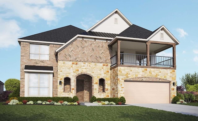 view of front of house with a garage, a balcony, and a front yard