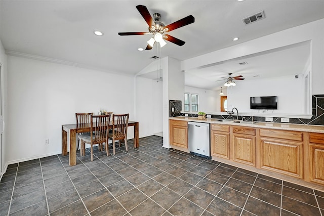 kitchen with dishwasher, sink, and ceiling fan