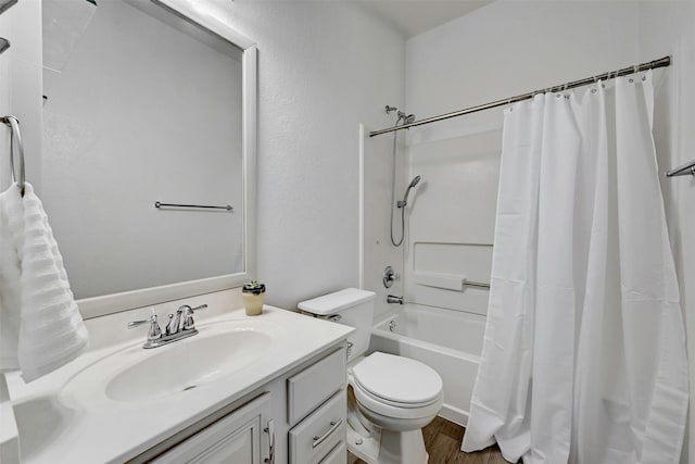 full bathroom with vanity, wood-type flooring, shower / bath combination with curtain, and toilet