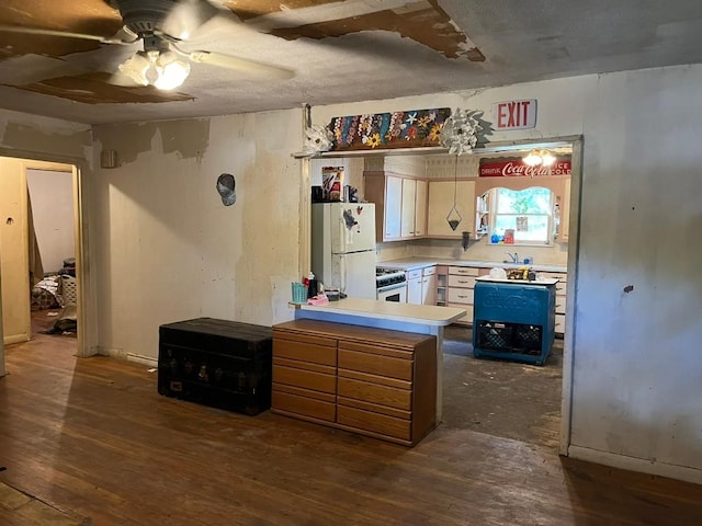 kitchen with dark hardwood / wood-style flooring, white appliances, and kitchen peninsula