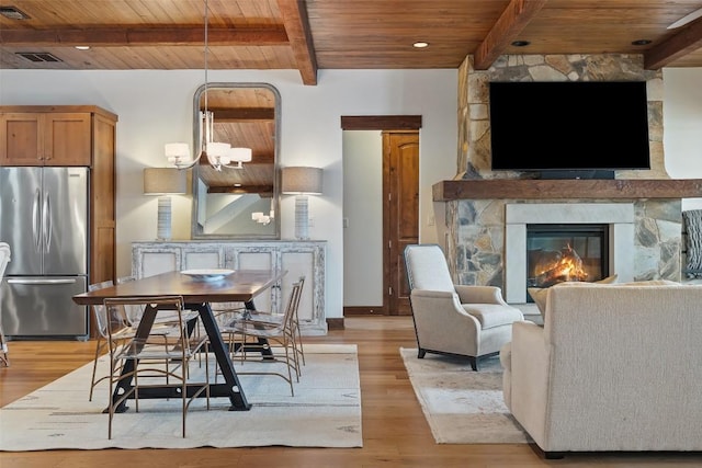 interior space with beam ceiling, a fireplace, wooden ceiling, and light wood-type flooring