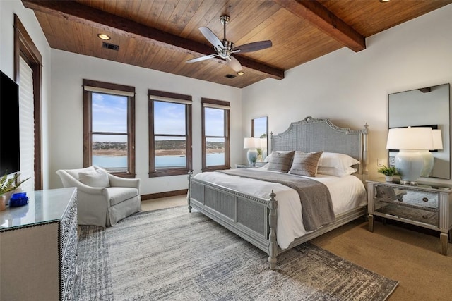 carpeted bedroom featuring a water view, ceiling fan, wood ceiling, and beamed ceiling