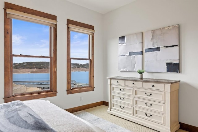 bedroom with light carpet and a water view