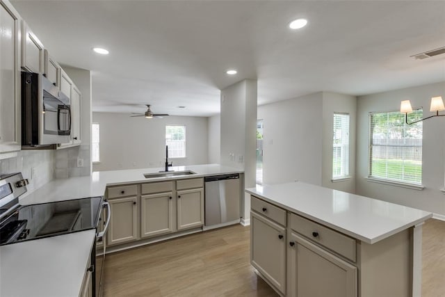 kitchen with stainless steel appliances, a healthy amount of sunlight, sink, and light hardwood / wood-style flooring