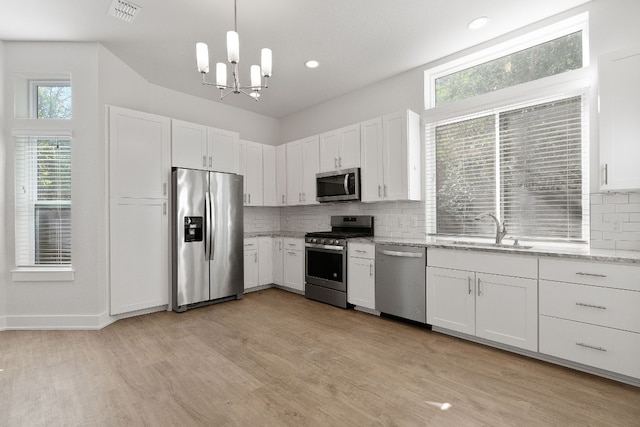 kitchen featuring pendant lighting, sink, white cabinets, and appliances with stainless steel finishes