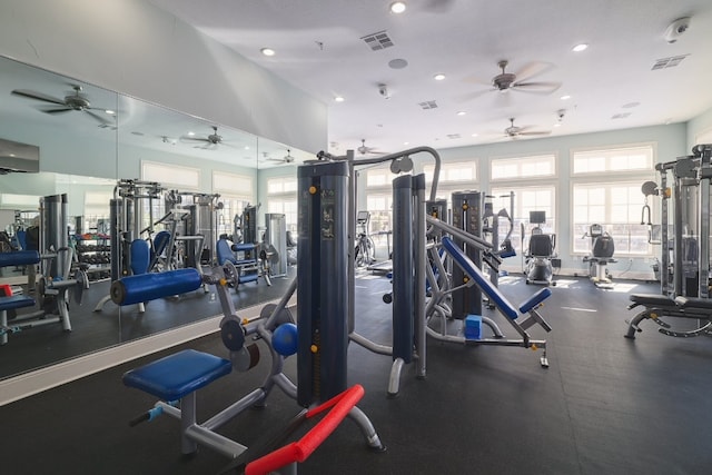 104 Bella Toscana Ave Unit 2211, Lakeway, TX 78734 - workout area featuring a ceiling fan, plenty of natural light, and recessed lighting
