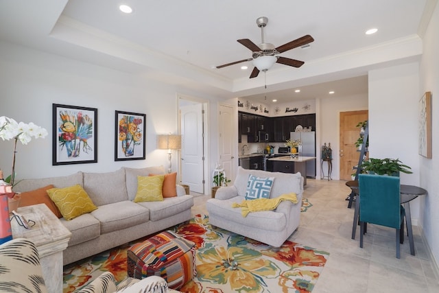 104 Bella Toscana Ave Unit 2211, Lakeway, TX 78734 - living room featuring recessed lighting, a ceiling fan, a raised ceiling, crown molding, and light tile patterned floors