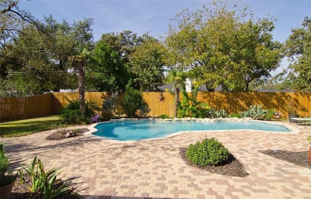 view of pool with a fenced in pool, a fenced backyard, and a patio area