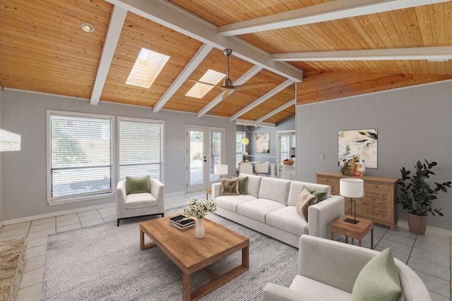 living area featuring baseboards, lofted ceiling with skylight, wooden ceiling, and tile patterned flooring