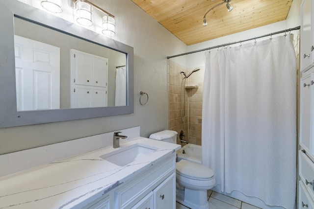 bathroom featuring tile patterned floors, shower / bath combo with shower curtain, toilet, wooden ceiling, and vanity