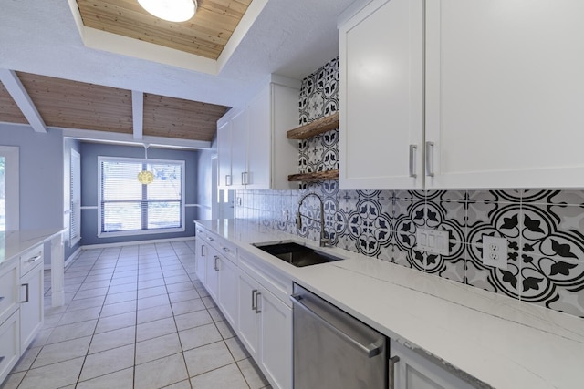 kitchen with open shelves, dishwasher, wooden ceiling, and a sink