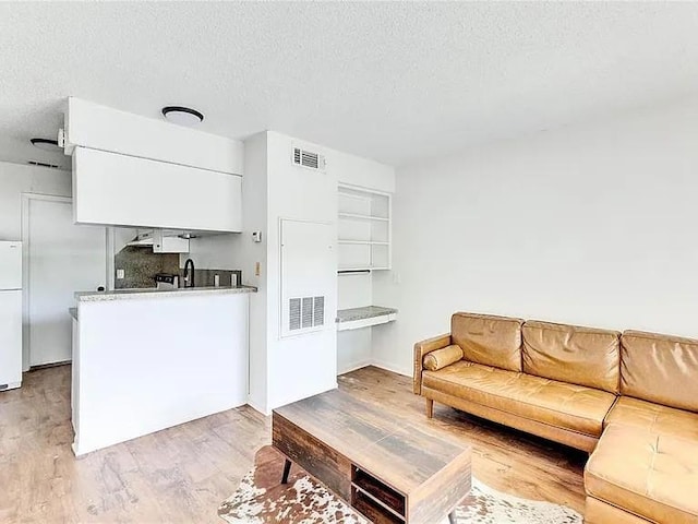 living room with sink, light hardwood / wood-style floors, and a textured ceiling