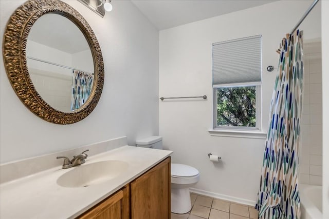 full bathroom with tile patterned flooring, vanity, toilet, and shower / tub combo with curtain