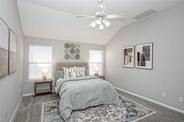 carpeted bedroom with vaulted ceiling and ceiling fan