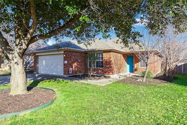 ranch-style house featuring a garage and a front lawn