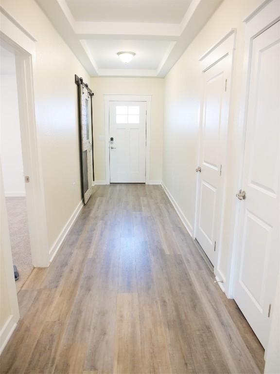 doorway featuring light hardwood / wood-style flooring, a barn door, and a raised ceiling