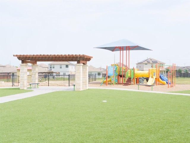 view of play area featuring a lawn