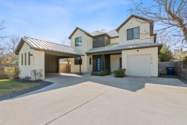 modern farmhouse style home with a garage