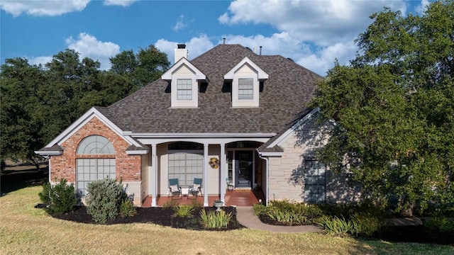 view of front facade featuring covered porch and a front lawn