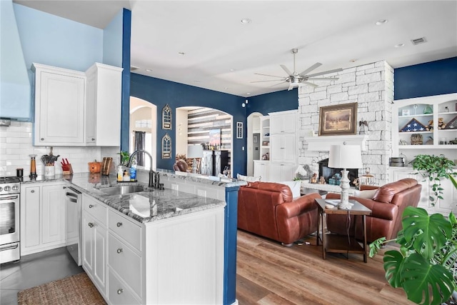 kitchen featuring white cabinetry, sink, light stone counters, kitchen peninsula, and stainless steel appliances