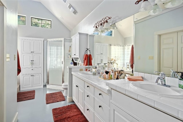 bathroom featuring vanity, high vaulted ceiling, toilet, and walk in shower