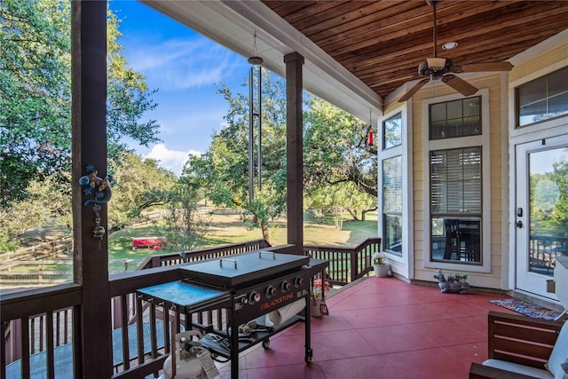 sunroom / solarium with wood ceiling and ceiling fan