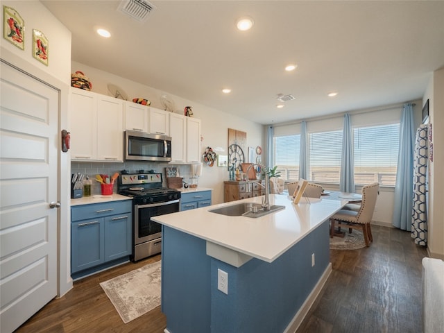 kitchen featuring sink, backsplash, stainless steel appliances, a kitchen island with sink, and white cabinets