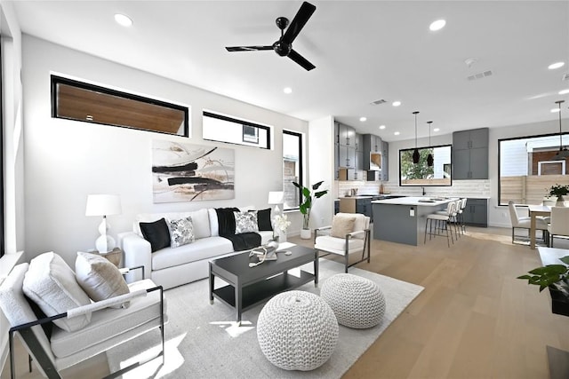 living room with ceiling fan, a healthy amount of sunlight, and light hardwood / wood-style flooring