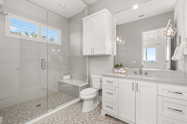 bathroom featuring a healthy amount of sunlight, toilet, a shower with shower door, and vanity