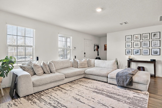 living room with a healthy amount of sunlight, wood-type flooring, and a textured ceiling