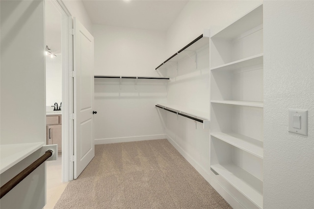 spacious closet with light colored carpet and a sink