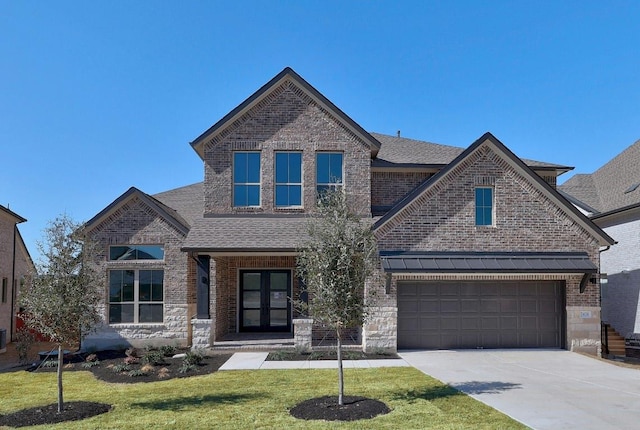 view of front of house with driveway, brick siding, roof with shingles, and french doors