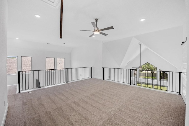 228 Running Fawn, Georgetown, TX 78628 - carpeted empty room featuring a ceiling fan, healthy amount of natural light, lofted ceiling, and recessed lighting