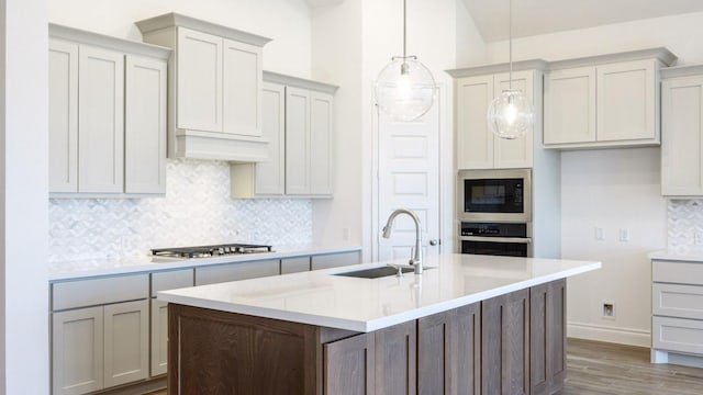 228 La Venta Loop, Liberty Hill, TX 78642 - kitchen featuring a sink, stainless steel appliances, wood finished floors, decorative backsplash, and an island with sink