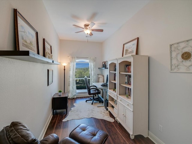 office area featuring ceiling fan and dark hardwood / wood-style flooring