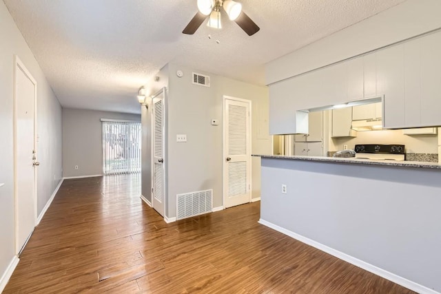 kitchen with ceiling fan, stove, dark hardwood / wood-style floors, and a textured ceiling