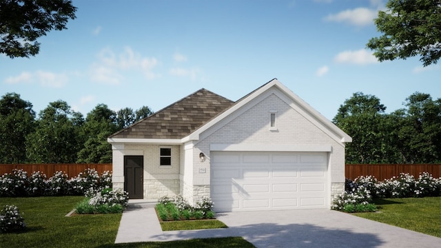 view of front of property with a garage and a front lawn