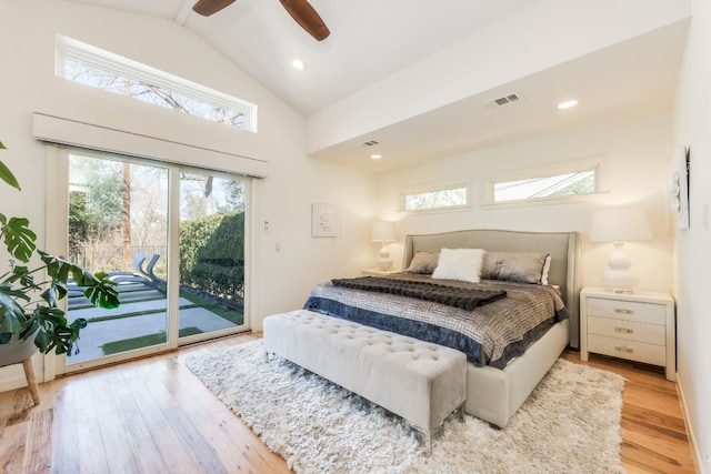 bedroom featuring lofted ceiling, light wood-type flooring, access to outside, and ceiling fan